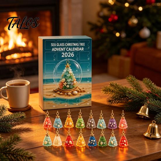 Coastal Home Holiday Ornaments 2026 Christmas Advent Calendar, Sea Glass Tree 2D Acrylic Ornament Set Aesthetic Gift Box with Hanging String,