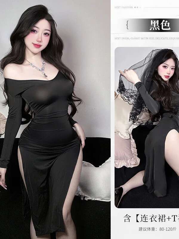 New Sexy Mesh Lace Sheer Long Dress V Neck Sweet Tops Slit Dress Pure Desire Uniform Sleeping Clothes  Dress Elegant 1E4K