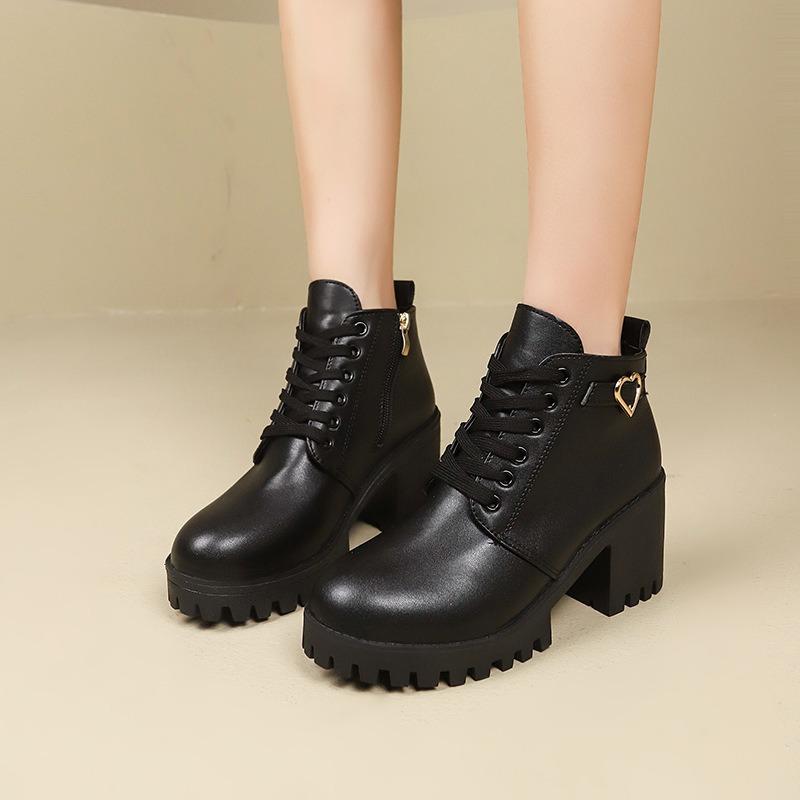 Autumn and Winter Coarse Heel Martin Boots Women, Side Zipper High Heel Round Head Lace-up Short