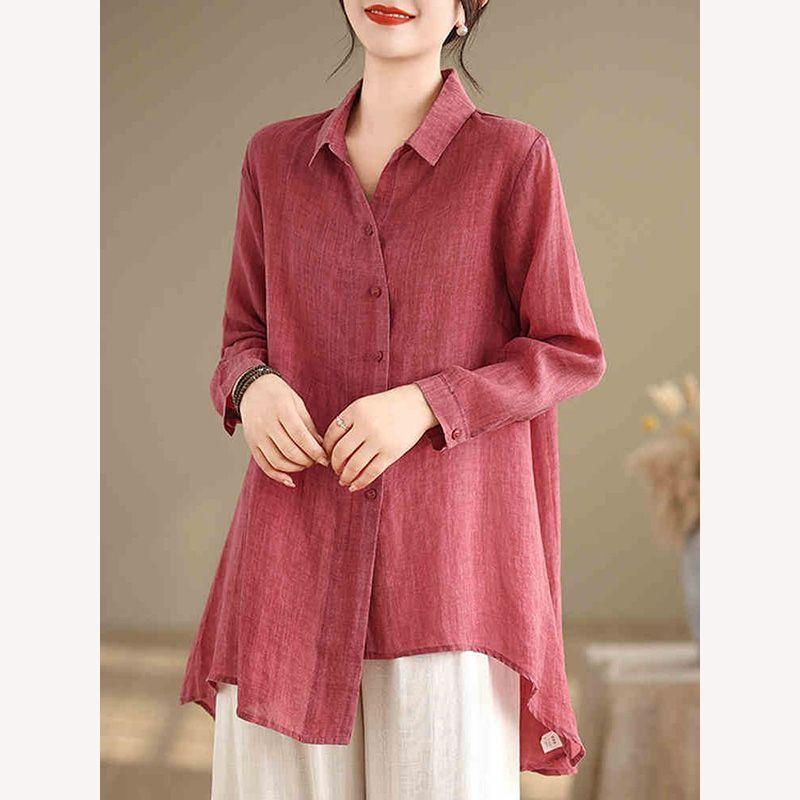 Plus Size Mid-Length Loose Cotton Linen Sun Protection Shirt for Mothers, Spring/Summer Plus Size Elegant Shirt