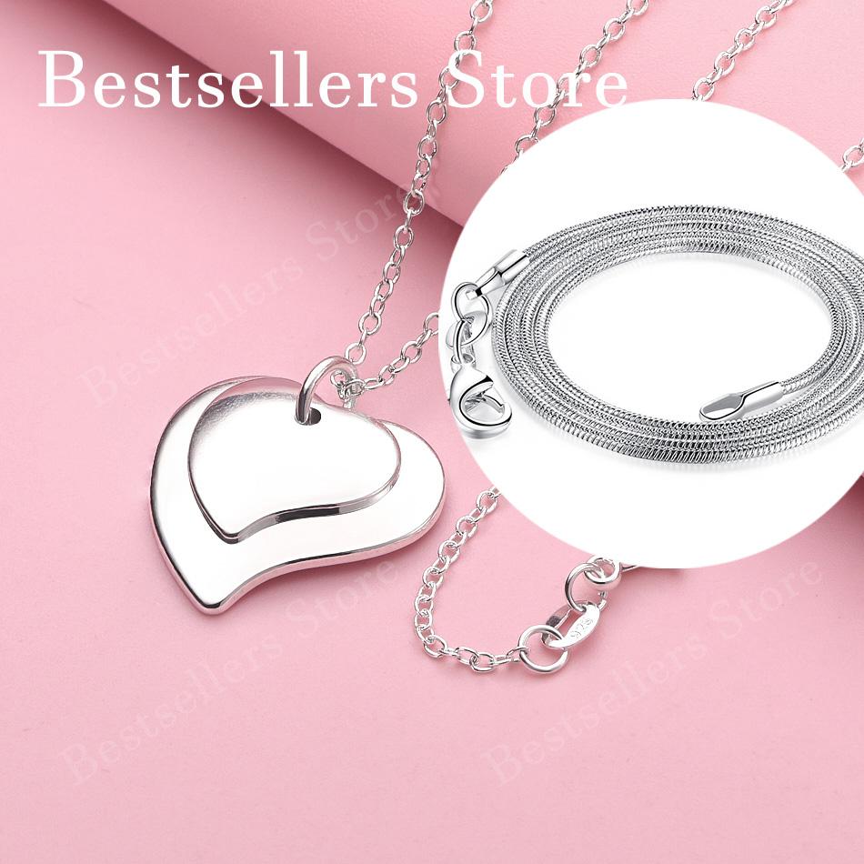 925 Sterling Silver 16-30 Inch Glossy Double Layered Heart-shaped Pendant Necklace for Women's Fashion Wedding Accessories