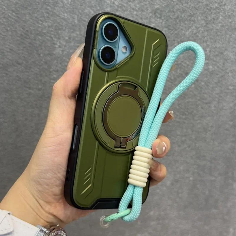 New Armor For Magsafe Magnetic Ring Stand Phone Case For iPhone 16 15 14 13 12 11 Pro Max With Wrist Strap Cord Shockproof Cover