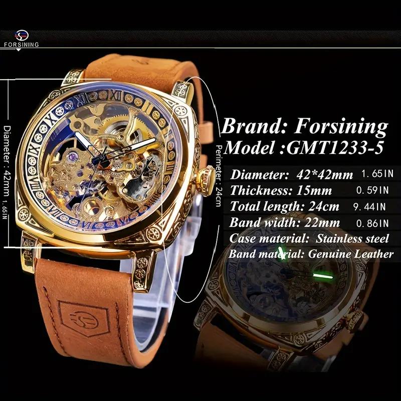 Forsining Men's Engraved Automatic Mechanical Watches, Retro Case Waterproof Hollow Luminous Pointers Casual Automatic Mechanical Wristwatch