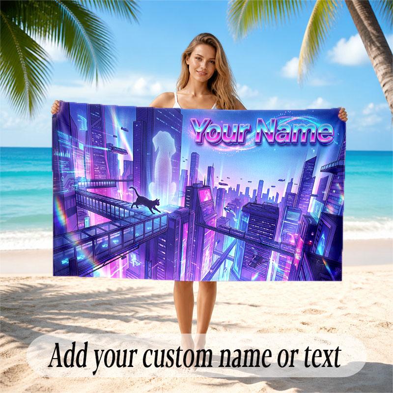 City Cyberpunk Theme Soft Beach Towel Personalized Custom Name Text Towel Portable for Beach Pool Travel