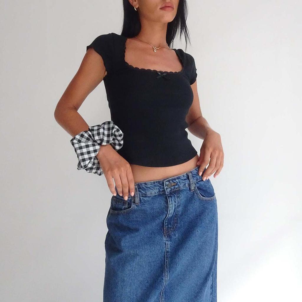 Y2k Vintage Baby Tee Cottage Krajka Tričko Pletené tričko Letní čtvercový výstřih Tričko s krátkým rukávem Ženy Bílá Dojička Crop Top