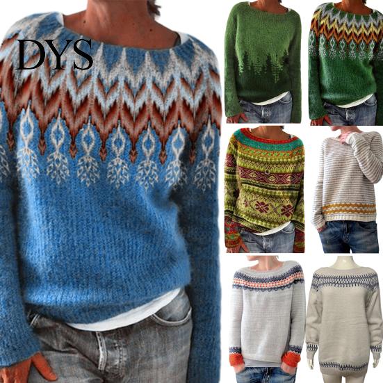 Women Jumper Winter Knitted Crew Neck Long Sleeve Color Comfortable Block Loose Fit Sweater Breathable Warm Pullover Knitwear