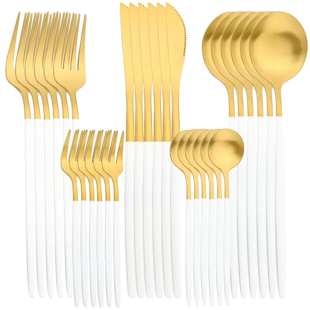 30Pcs Dinnerware Set Stainless Steel Flatware Matte Gold Cutlery Set Cake Fruit Fork Kitchen Knife Fork Spoon Tableware Set
