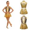 Costum de Dans Jazz pentru Fete 2 Bucăți Metalic Lucios Patchwork Strălucitor Crop Top Fără Mâneci cu Pantaloni tip Fustă pentru Competiție pe Scenă