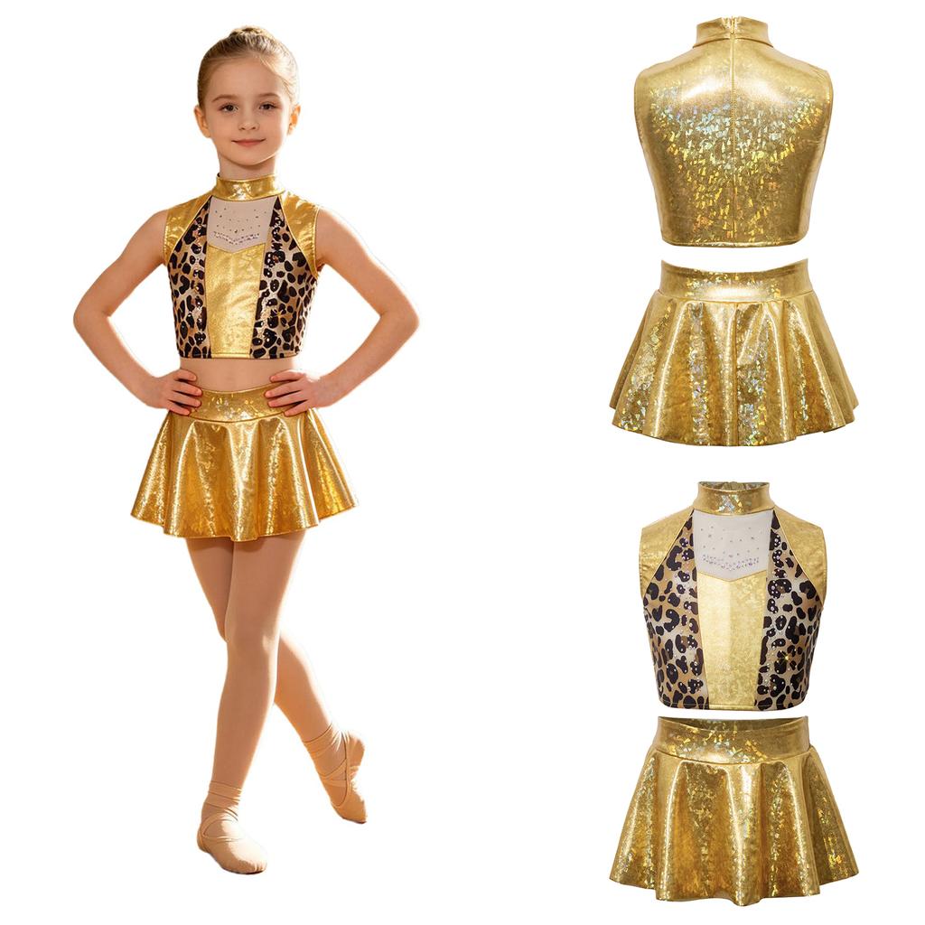 Costum de Dans Jazz pentru Fete 2 Bucăți Metalic Lucios Patchwork Strălucitor Crop Top Fără Mâneci cu Pantaloni tip Fustă pentru Competiție pe Scenă