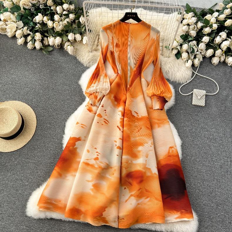 Französisches Kleid für Damen, leicht, luxuriös, schweres Plissee, schmal, langes Design, Swoosh-Druck