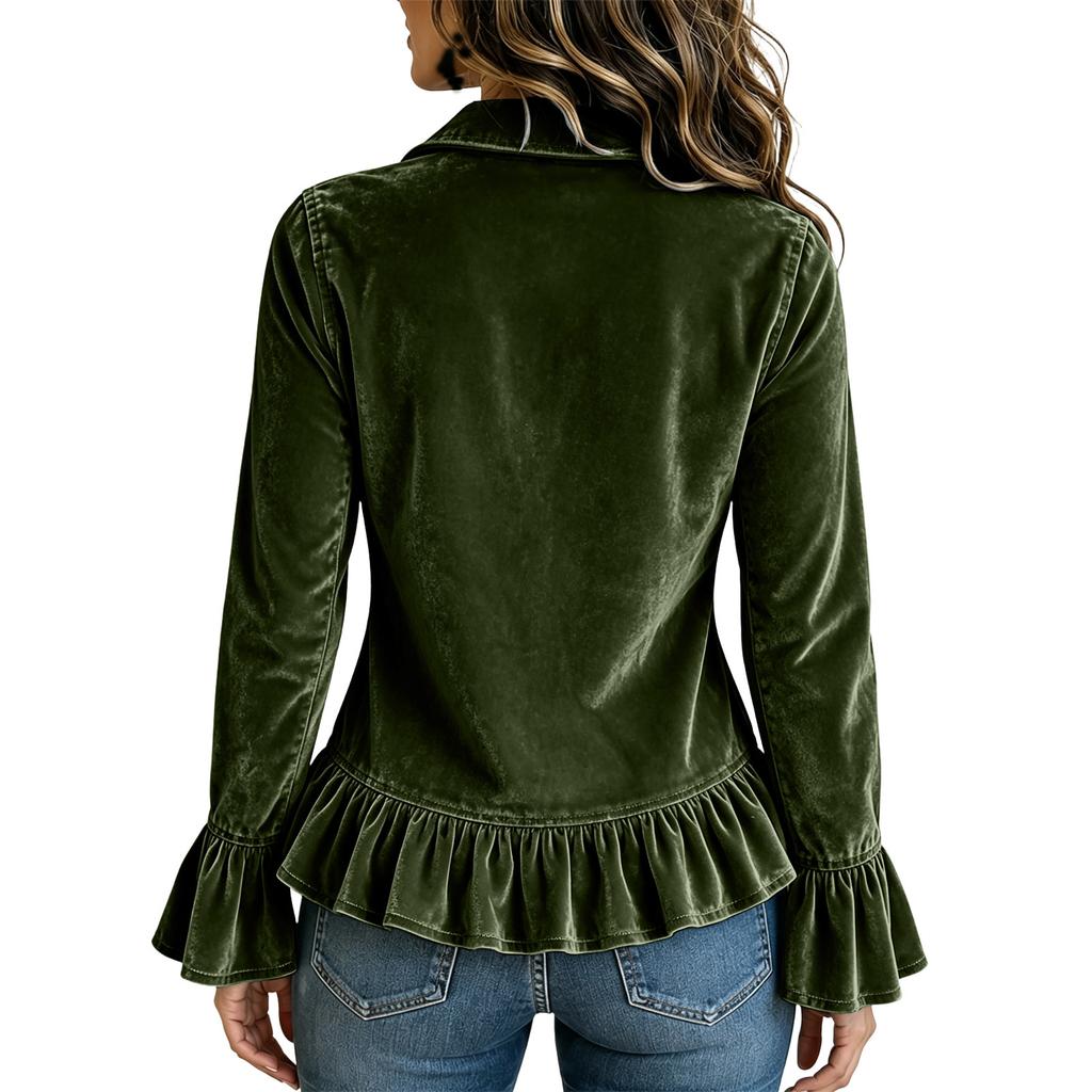 Women's Casual Top with Ruffle Trim Bell Sleeves Button Front Pockets
