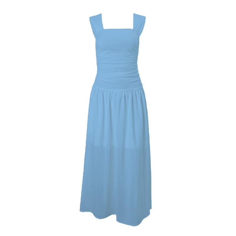 LYRIA Elegantní dlouhé šaty na ramínka Sexy dámské řasené bodyconové jednobarevné maxi šaty Jarní Y2K temperament s vysokým pasem Vestidos