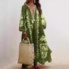 Fließender Saum Bohemian Maxikleid Damen Tiefer V-Ausschnitt Oversized Langarm Strandurlaub Blumendruck Retro Quaste Sommer A-Linien-Kleid