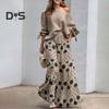 2 Pcs/Set Women T-shirt Pants Set Slant Neck One Shoulder Long Sleeve Bow Cuff Top Loose High Waist Wide Leg Printed Long Trousers Casual Dating