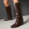Wrinkled Boots Pile Boots Belt Buckle Rivet Pointed Trousers Boots Thick Midheel Western Boots 40-48 Large Size Boots