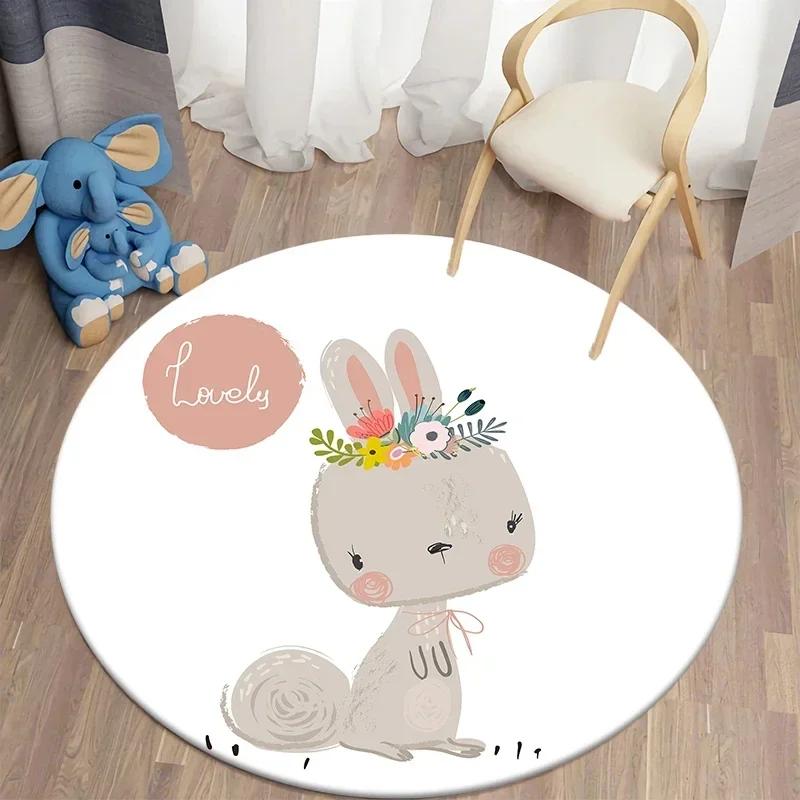 Cartoon Bunny Print Round Carpet Rabbit Area Rugs Circle Carpets for Living Room Floor Mat Polyester Anti-Slip Mats for Children