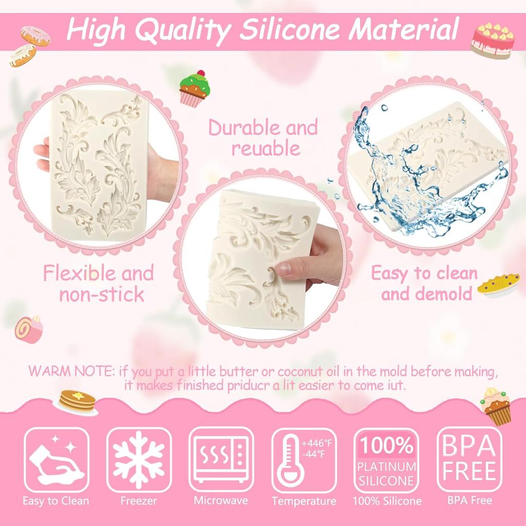 1 Pcs Large Baroque Feather Silicone Mold, Scroll Embossed Cake Decoration Fondant Mold for Thanksgiving Wedding Party Cupcake Topping Candy
