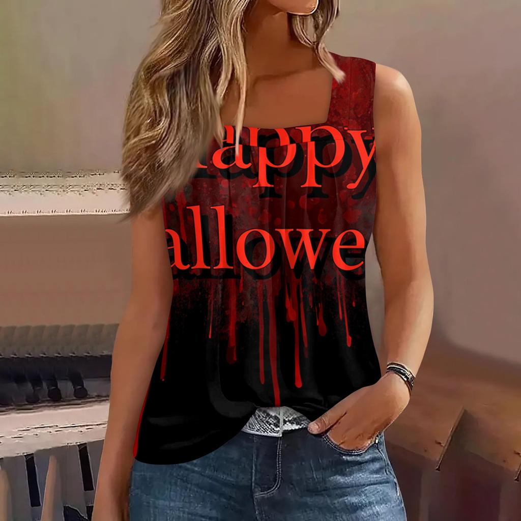 Sleeveless Square Neck Top with Ruching Halloween Print Women's Casual Summer Tank Blouse Lightweight Stretchy Fabric