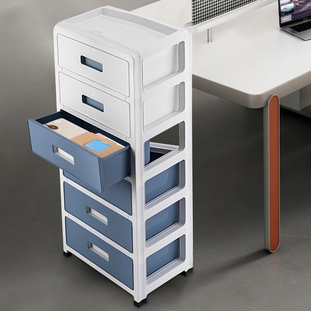 6 Drawer Chest Storage Cabinets Office Drawer Plastic Stacking 6-Drawer Storage Organizer for Office Home White & Blue