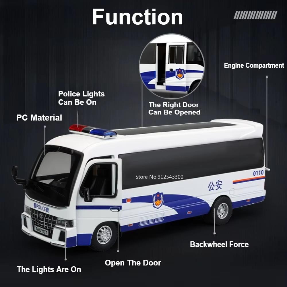 1:32 Scale Coaster Business Bus Model Toy Car Diecast Metal Sound Light Pull Back Police Vehicle Models Toys Gifts for Boys