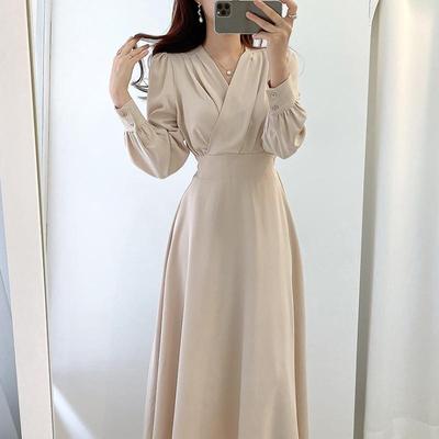 Harajuku V-Ausschnitt Puffärmel A-Linie Maxikleider für Damen Damen Einfarbige Midi-Robe Koreanische Bürokleider Elegant Frühling 2026