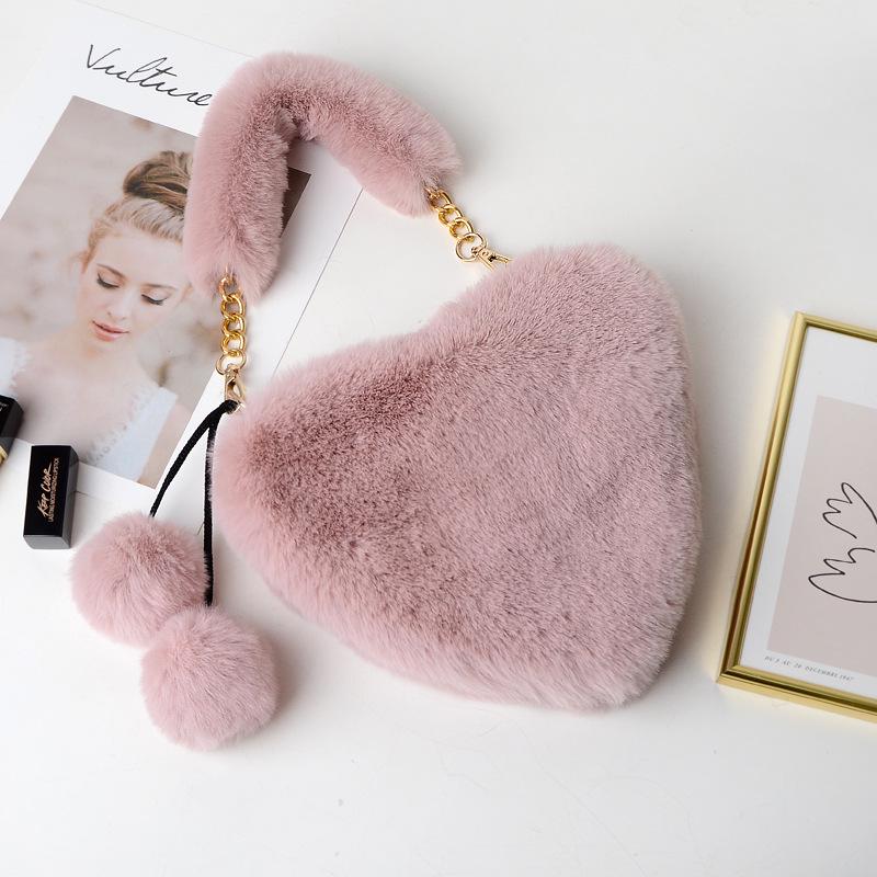 SCIONE Fashion Cute Plush Heart-shaped Bag Female Furry Love Handbag Chain Peach Heart Bag