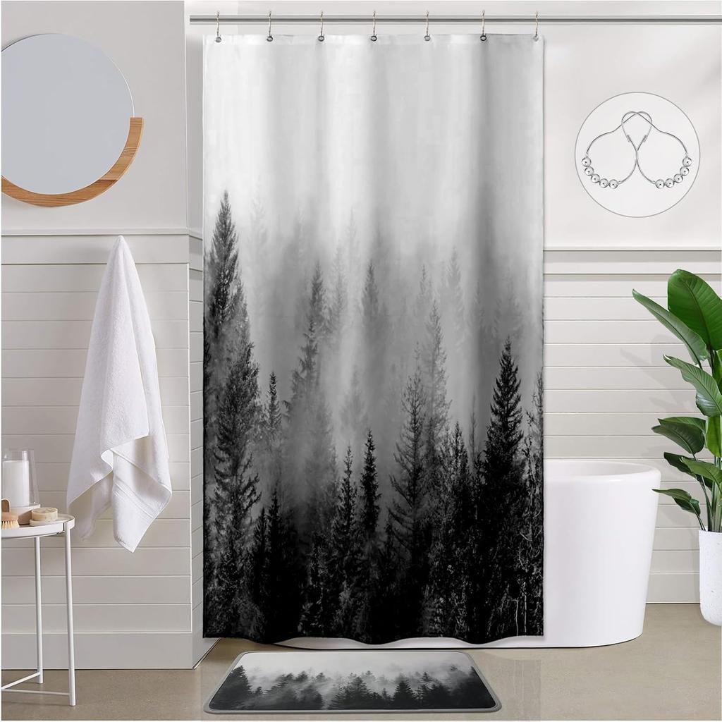 Green Shower Curtain for Bathroom Misty Forest Pattern, Nature Woodland Artistic Shower Curtain Set with Metal Hooks, Waterproof