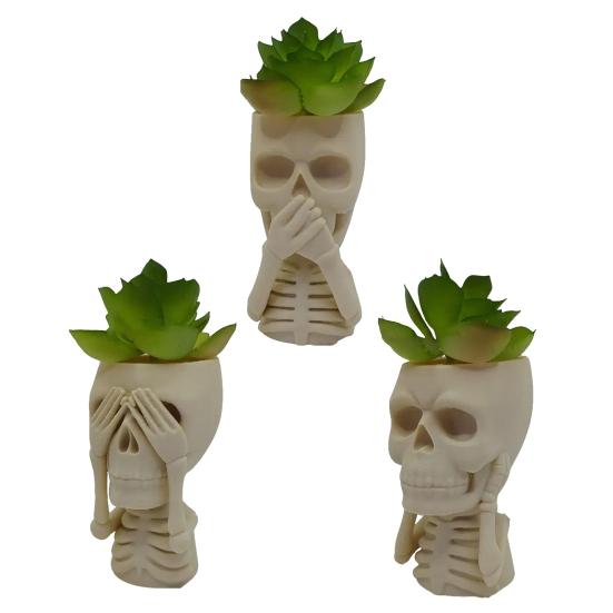 Halloween Skull Flower Pot No See Speak Hear Creepy Skull