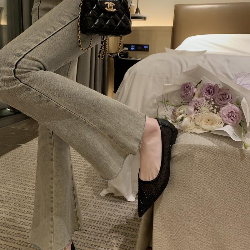 Sheepskin version pointed flat shoes breathable mesh rhinestone versatile shallow mouth single shoes women