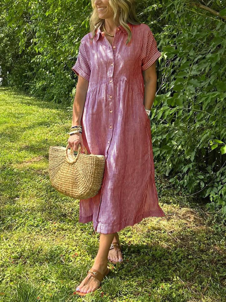 Loose Plus Size Striped Short Sleeved Shirt Dress for Women's Summer New Casual Cotton and Linen Mid Length Skirt