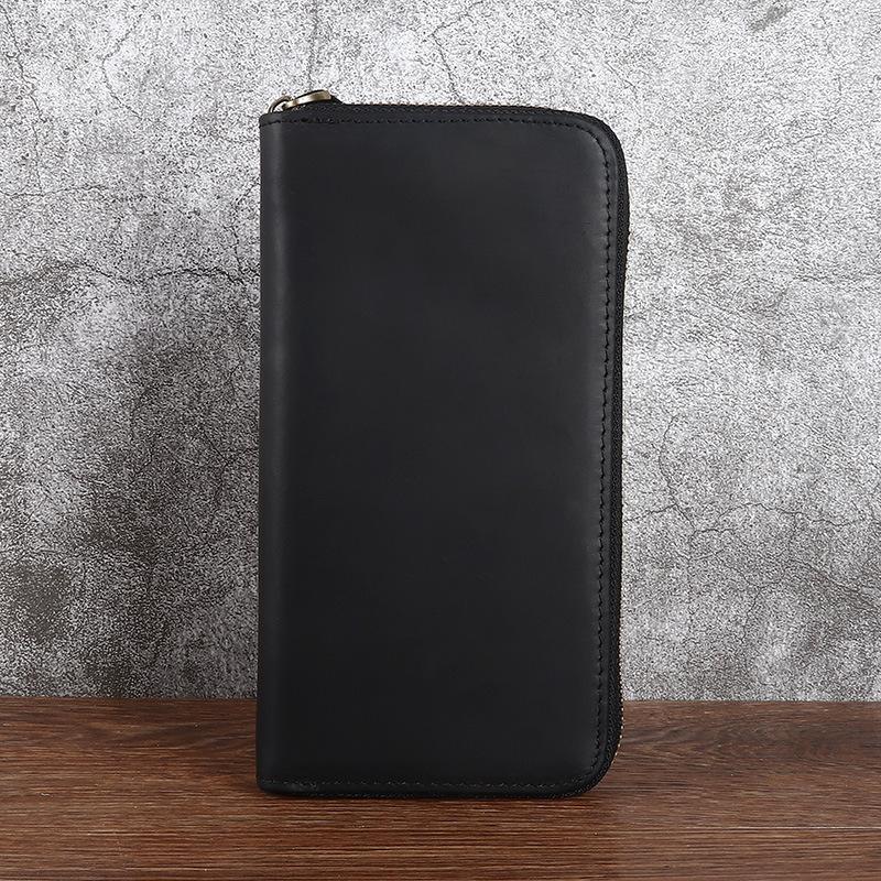 Crazy Horse Leather Men's Handbag, Genuine Leather Long Zipper Wallet, Head Layer Leather Leather, Retro Vintage Leather Bag