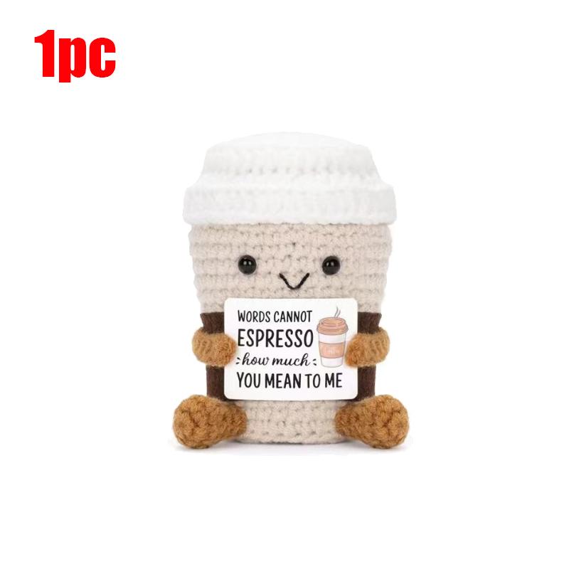 

Funny Positive Coffee Emotional Cute Crochet Handmade Knitting Dolls with Positive Cards Cheer Up Christams Gift Decor Ornaments