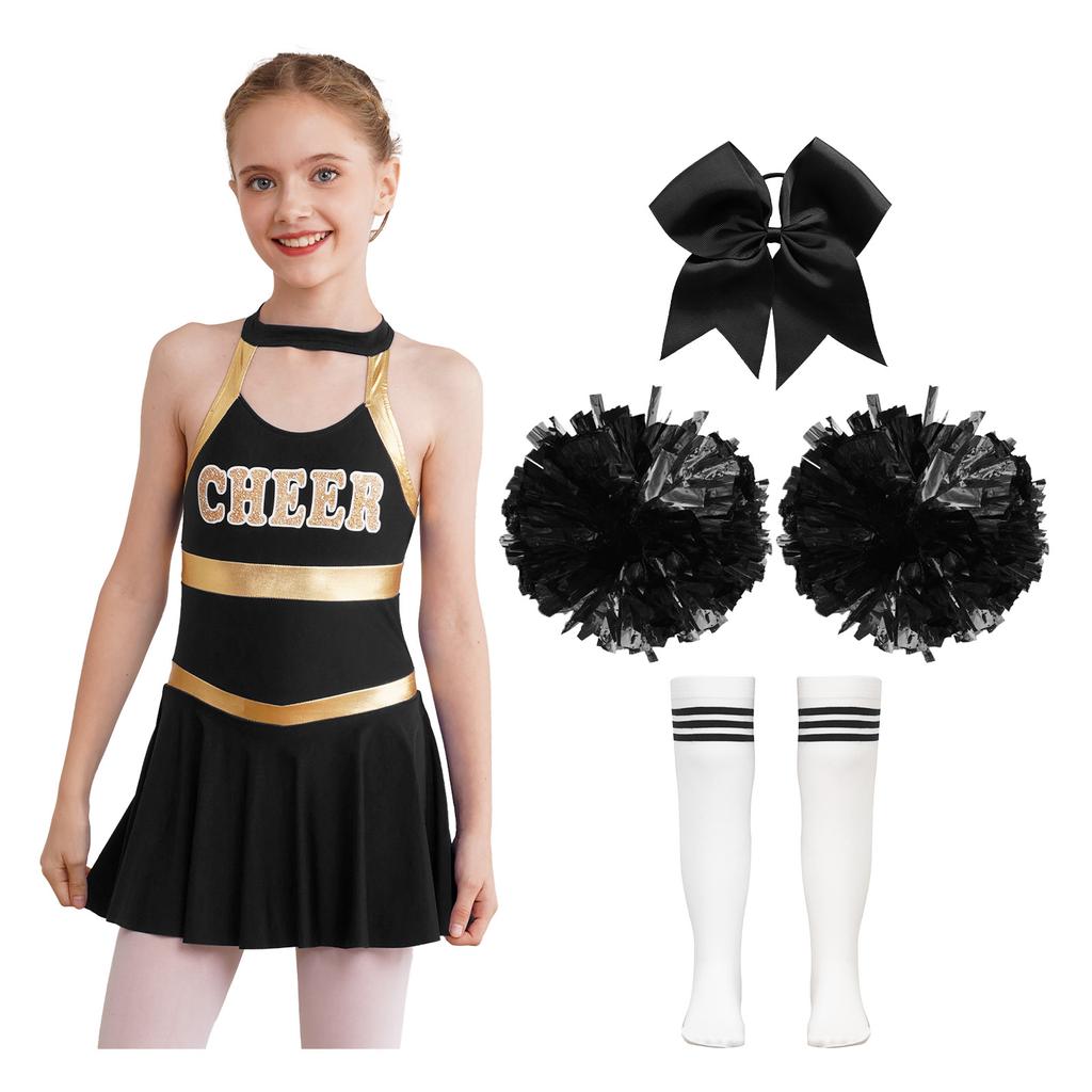 Kids Girls Cheerleading Outfits Letter Print Patchwork Sleeveless Dance Dress Bowknot Headwear Hand Flowers Striped Tube Socks