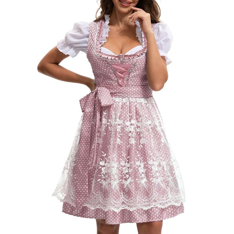 German Bavarian Oktoberfest Costume Set,Halloween Beer Costume Dirndl Dresses Blouse Apron Bows Ribbon for Adult Women