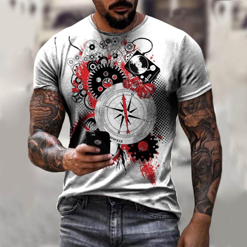 Men's 3D Printed T-Shirt Pocket Watch Compass Pattern Print Short Sleeve O-Neck Pullover Casual Top
