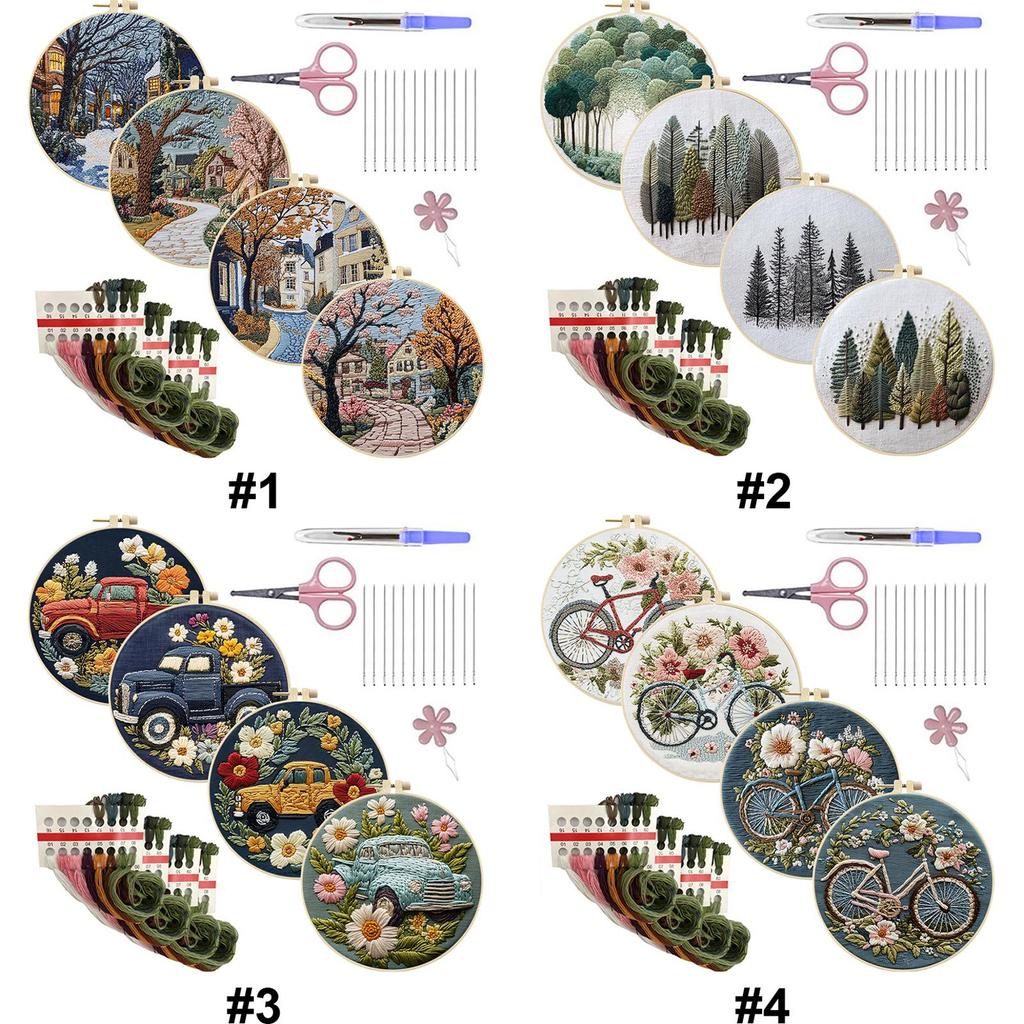 4 Pack Embroidery Starter Kit with Embroidery Hoop Needles Threads Instruction Stamped Cross Stitch Kits with Pattern for Adults