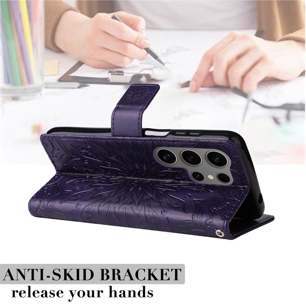 For Samsung Galaxy S25 Ultra Phone Case Sunflower Imprinted Leather Wallet Stand Cover with Strap