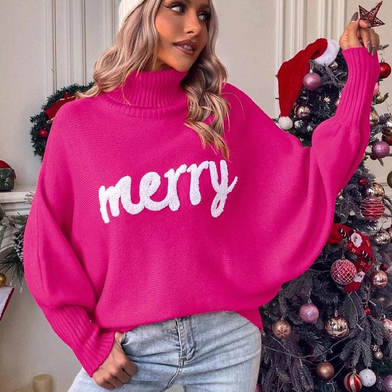 Women's European and American Loose Bat Sleeve Christmas Turtleneck Sweater