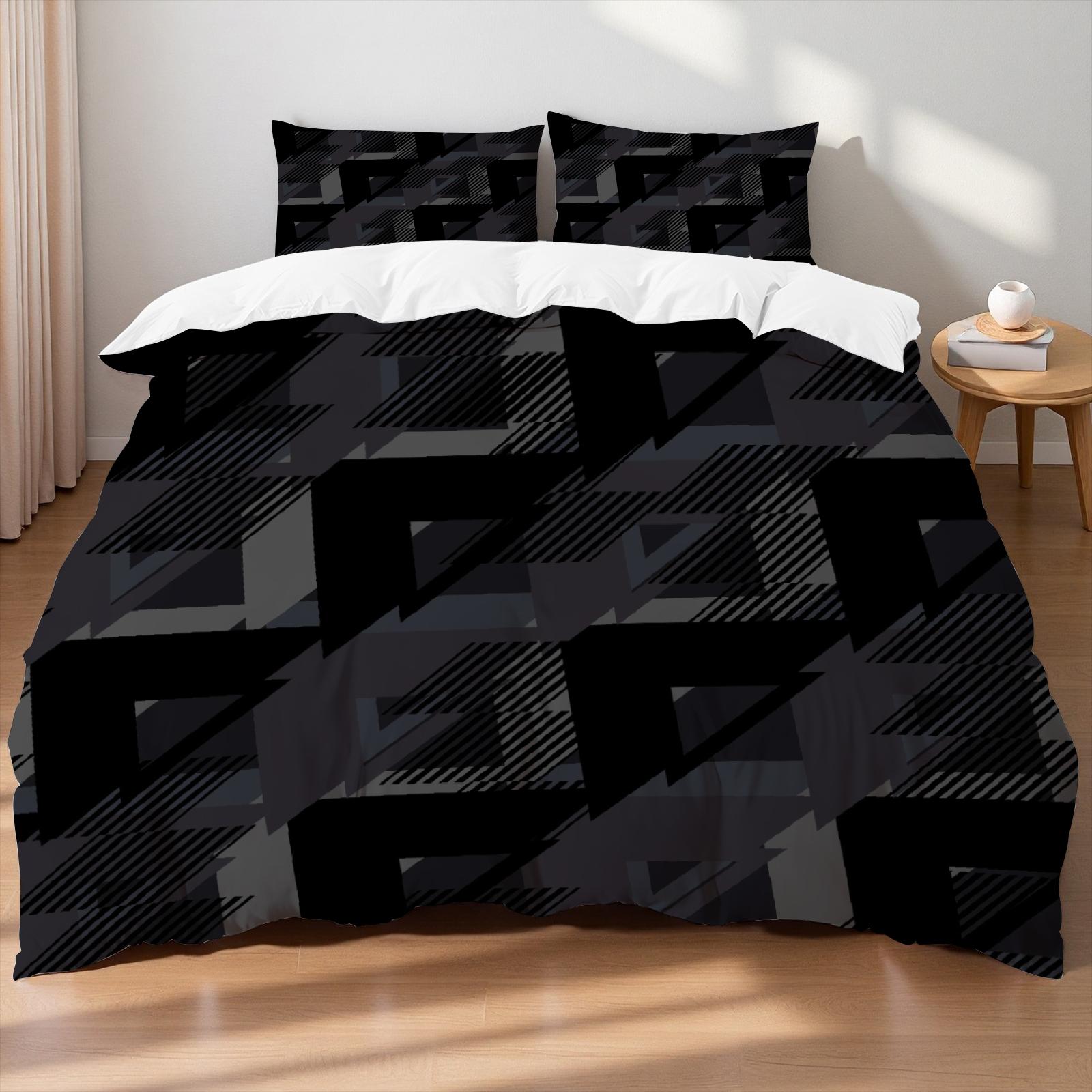 

Queen Size Black Geometric Plaid Bedding Set Modern Abstract Striped Print Breathable Duvet Cover Set For Bedroom Deco US Full(200x230cm)