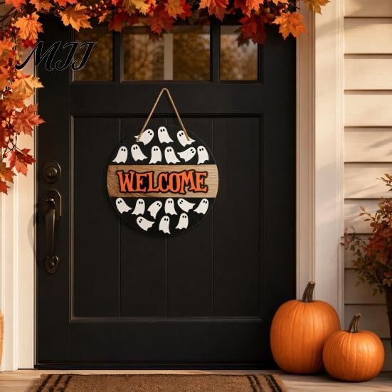 Eye-catching Halloween Sign Hanging Door Sign, Wooden Front Hanger Wreath, Cute Haunted House Ghost Welcome for Porch Wall Indoor Home Decoration