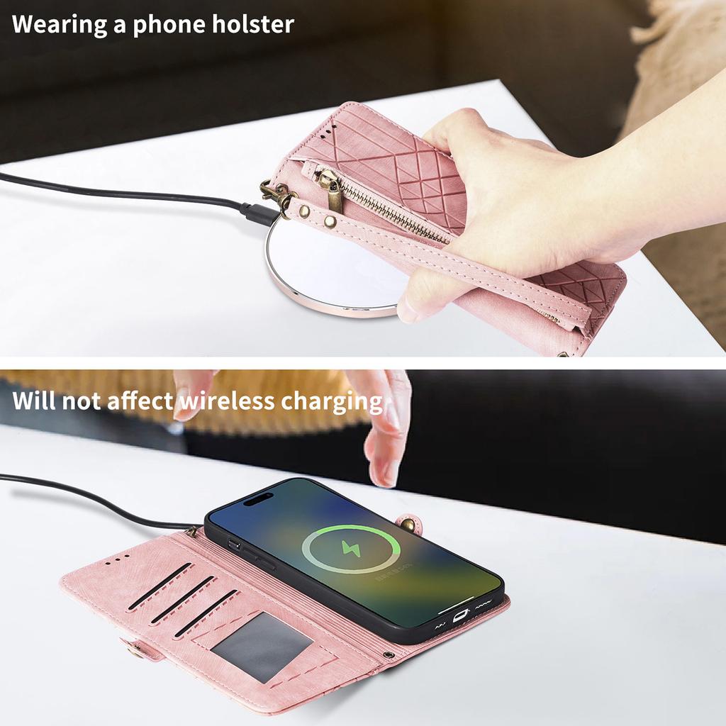 For Oppo Reno12 F 5G Zipper Wallet Case Geometry Lines Leather Phone Cover with Strap