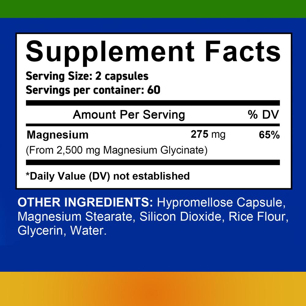 Magnesiumglycinat Chelat Kapseln, 2500mg Pro Portion, 120 Kapseln, 60-Tage-Vorrat, Nahrungsergänzungsmittel