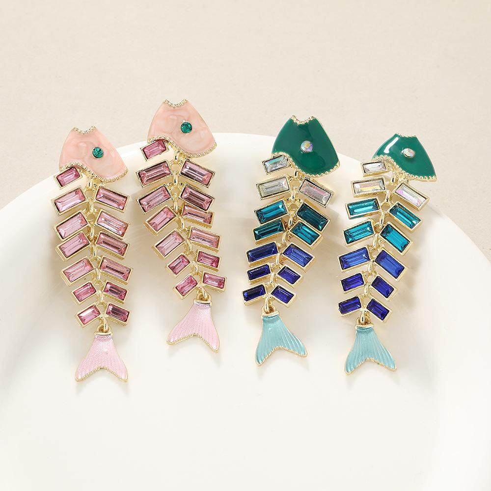 Pink Fishbone Drop Earrings Sparkling Crystal Enamel Fish Design Cute Statement Jewelry Gift for Women Girls