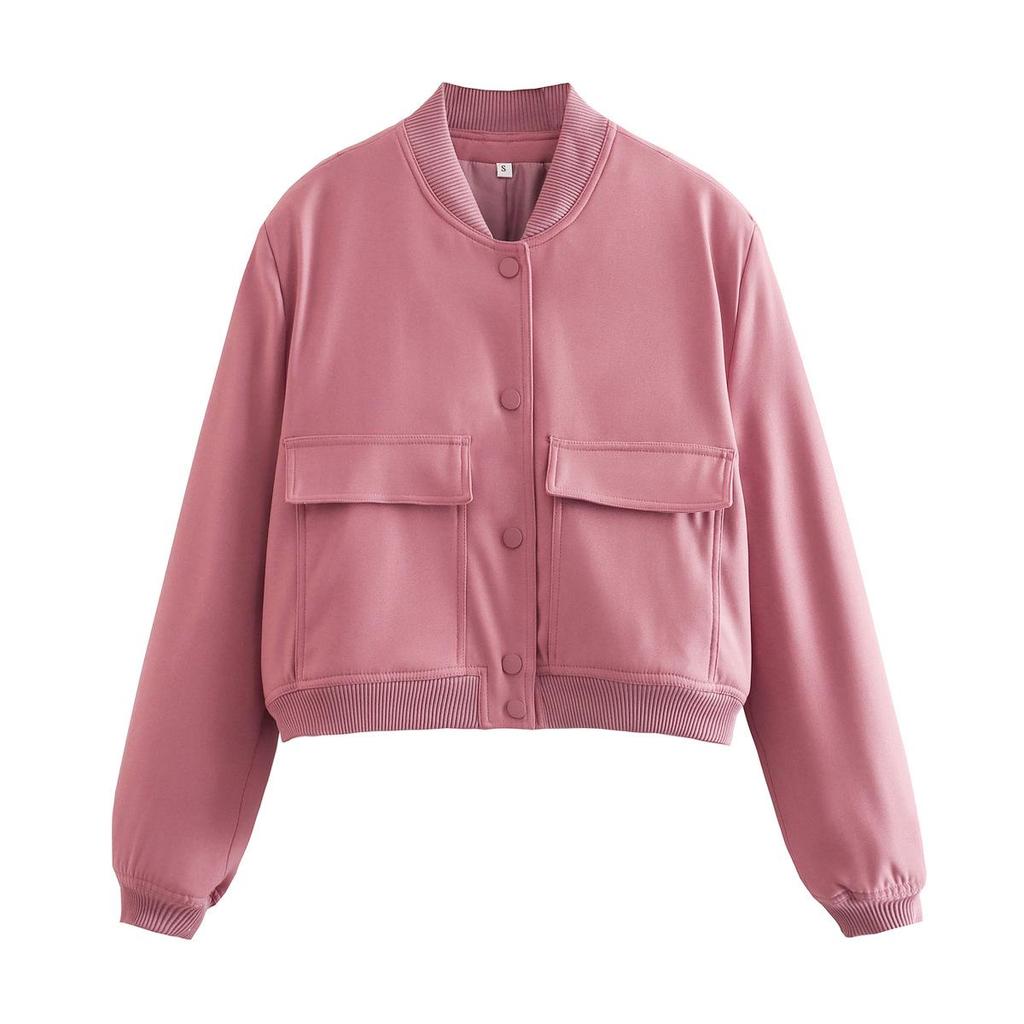 2023 Spring European & American Y2K Stand-up Collar Double Pocket Solid Motorcycle Bomber Jacket