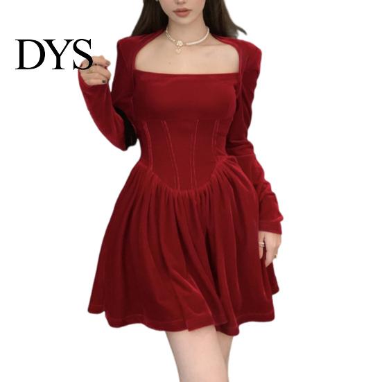 Solid Color A-line Dress Women Square Neck Pleated Long Sleeves Slim Waist Velvet Party Mini Prom Banquet Short Fall Spring Princess