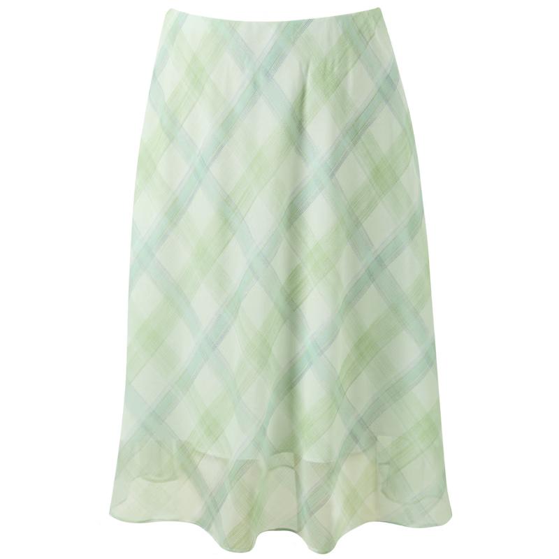 High-Waist Plaid Chiffon A-Line Midi Skirt XL