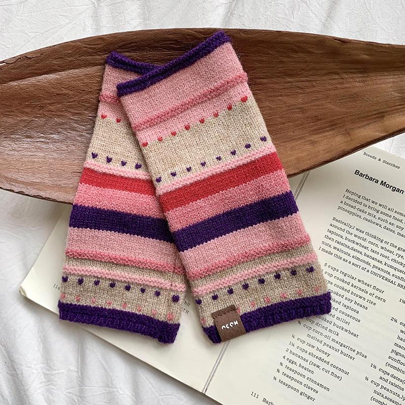 New Autumn/Winter Warm Gloves Colorful Striped Half-Finger Cycling Gloves Knitted Wool Mittens for Women Girls Outdoor Activity