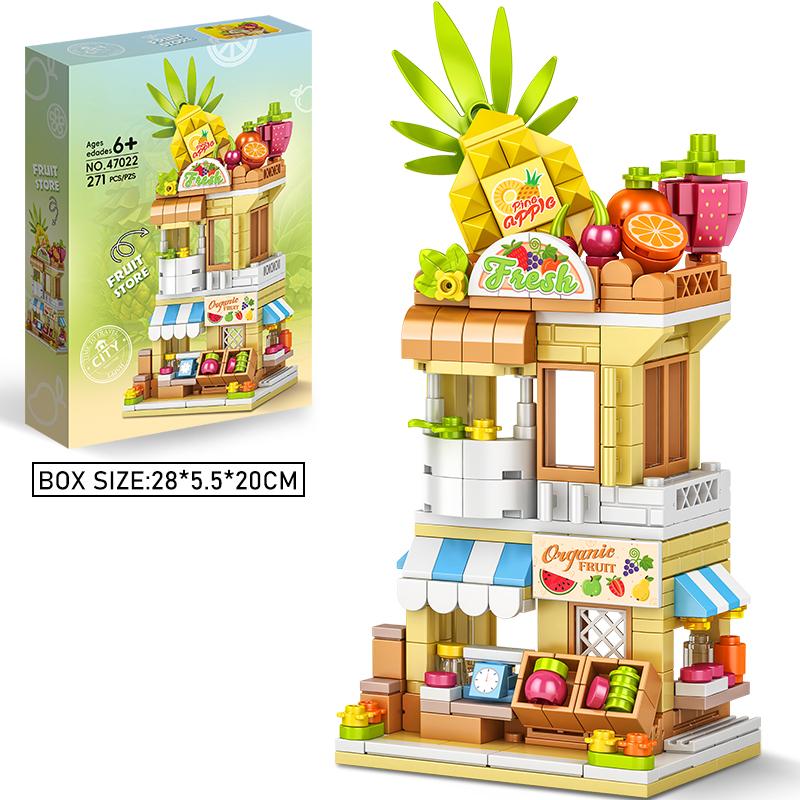Stadt Bausteine Obstladen Blumengeschäft Hausmodell Set Desktop Deko Kinder DIY Spielzeug Weihnachts- Geburtstagsgeschenk