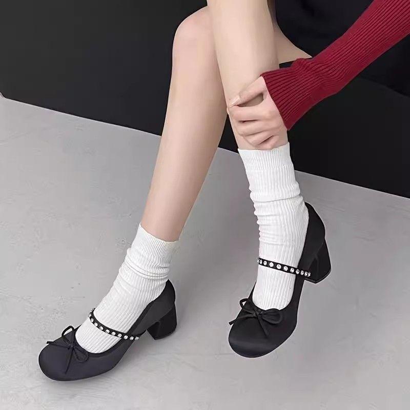 Round head rhinestone single shoes 2025 new pink temperament French bow light mouth satin thick high heel one-word strap shoes