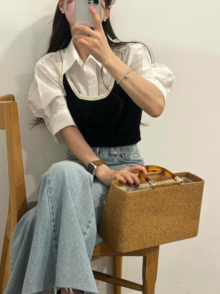 Bürodame Elegant Weiße Hemden Sommer Französische Textur Puffärmel Einreihige Kleidung Lässig Kurzarm Schicke Oberteile Damen